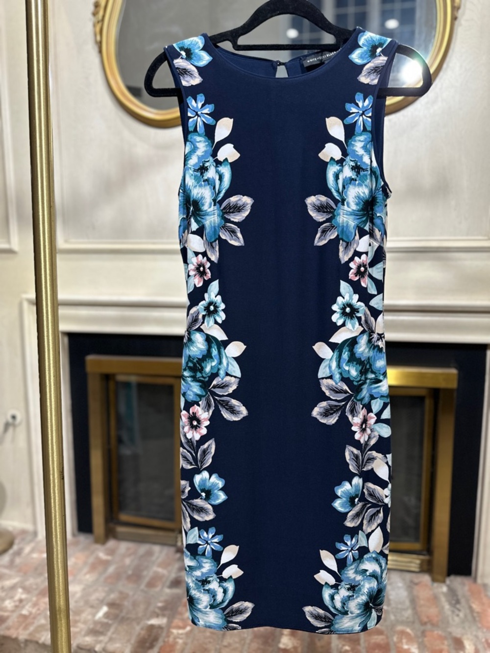 White House Black Market Dress XSP Petite Navy Blue Floral Knit Sheath Mini